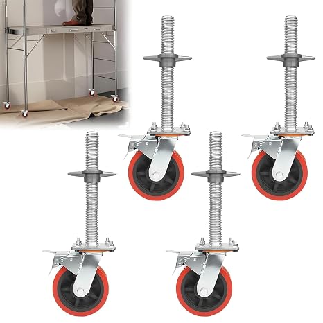 4 Pack Adjustable Leveling Scaffolding Wheels Set, 6" Scaffolding Casters, Scaffold Adjustable Leveling Jack Wheels with Locking Brakes, Ideal for Industrial Alloy Scaffold Tower