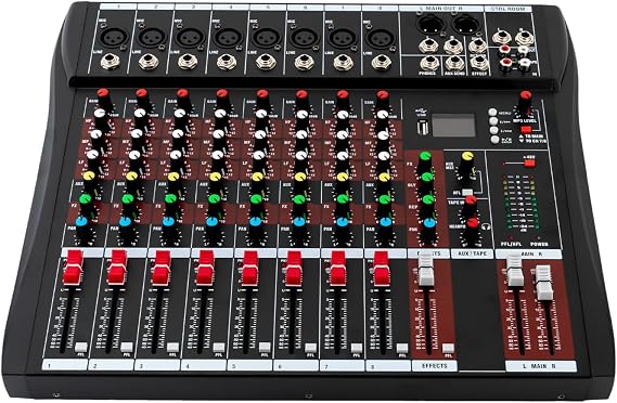 8 Channel Professional Audio Mixer, DJ Controller Sound Mixer Bluetooth Compatible Bluetooth Sound Board DJ Mixers with 48V Phantom Power USB Interface Stereo Mixing Console
