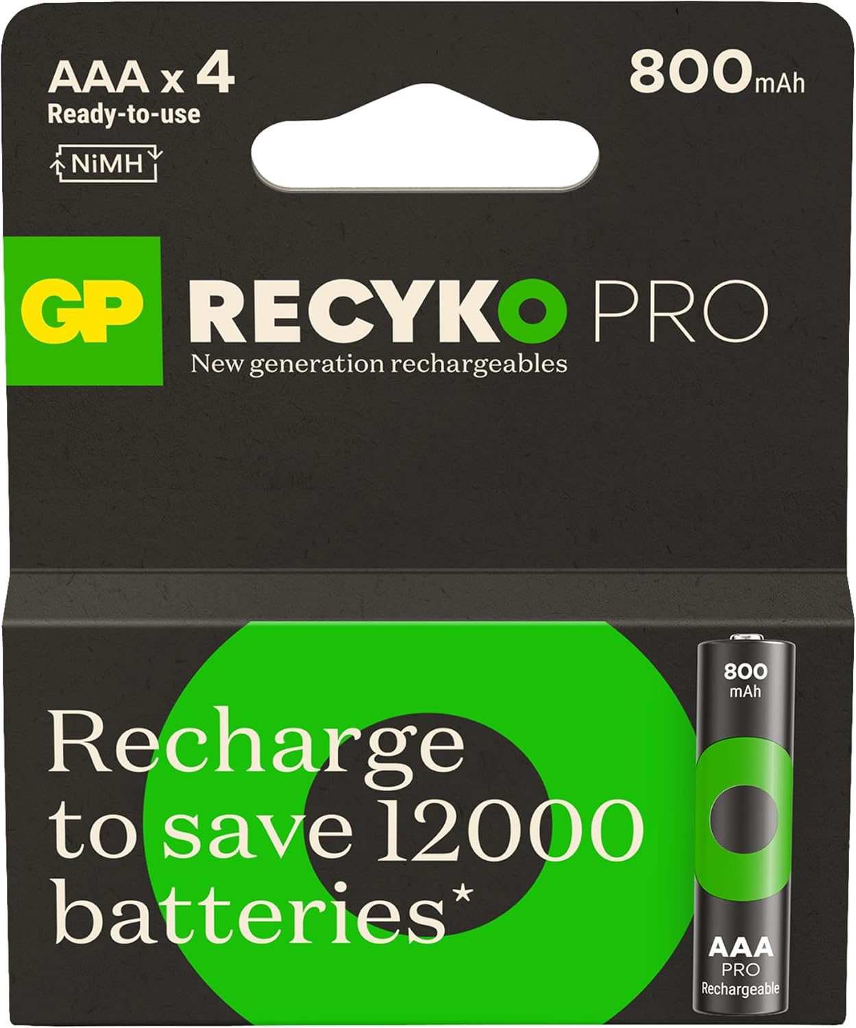 GP Batteries Recyco Pro AAA Slim Ni-Mh Rechargeable Battery, 1.2 Volt, 4-Piece Card