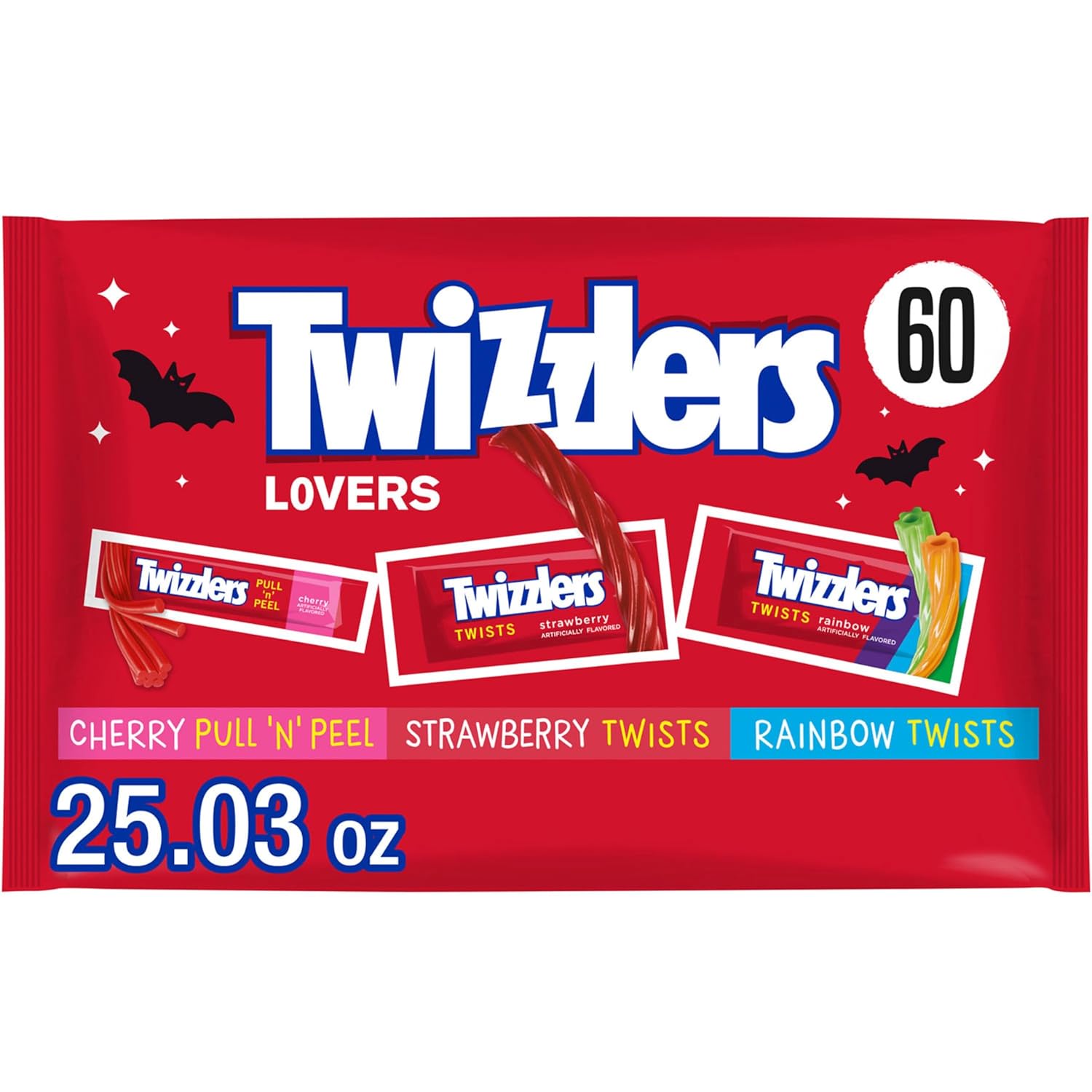 TWIZZLERS Assorted Fruit Flavored Snack Size Chewy, Halloween Candy Bag, 25.3 oz 60 Pieces