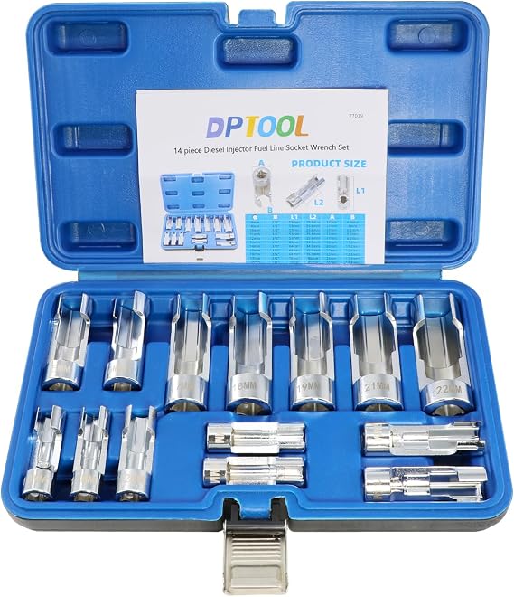 DPTOOL 14pcs Diesel Injector Fuel Line Socket 8-22mm Flare Nut Socket Set | 3/8" 1/2" Drive 5-Point Metric Avoid Wire Nut Sockets for Wired Temperature Sensor, Thermo Switch, etc