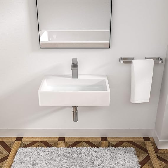 Rectangle Wall Mount Bathroom Sink - Logmey 20"x14" Bathroom Vessel Sink Rectangle Above Counter White Porcelain Ceramic Vessel Vanity Sink Art Basin with Faucet Hole