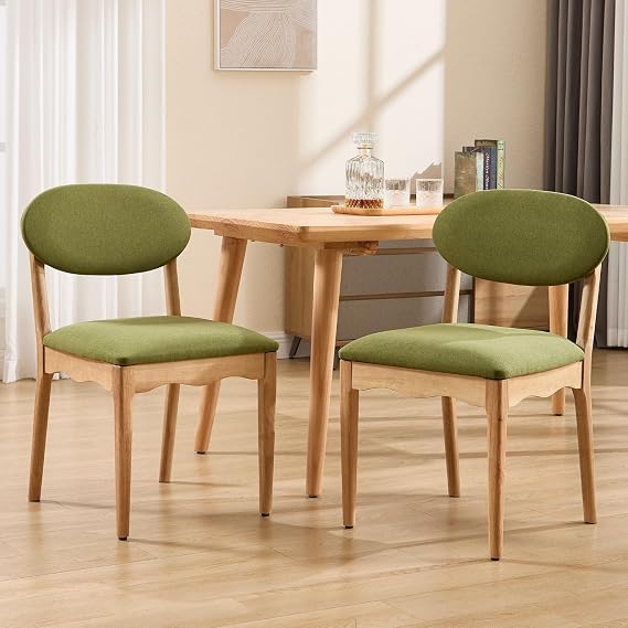 ROCITY Green Upholstered Dining Chairs Set of 2 Wood Dining Room Chairs Farmhouse Boho Kitchen Chairs Linen Fabric Natural Oak Wood