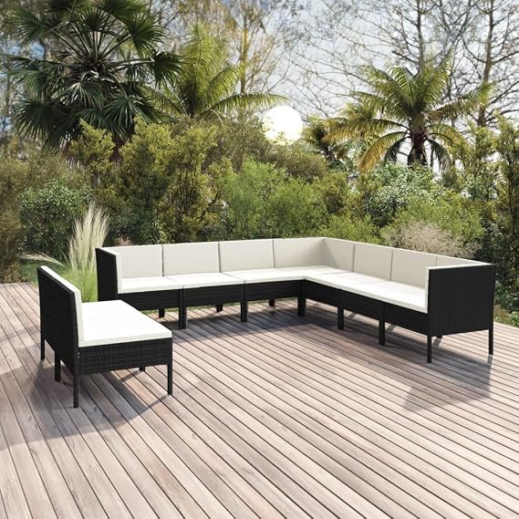 9-Piece Modular Garden Lounge Set, Black PE Rattan, Powder-Coated Steel Frame, Weather-Resistant Outdoor Patio Furniture, Seats 6, 27.2x27.2x27.2 Inch