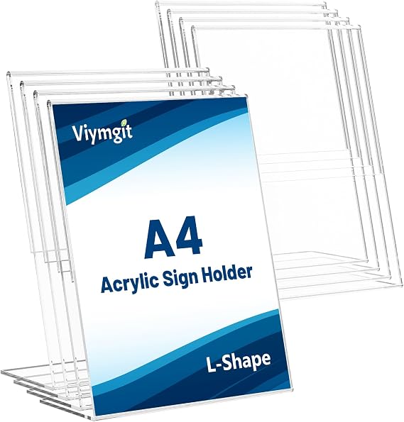 Viymgit A4 Acrylic Sign Holder, 8 Pack Clear Table Perspex Display Stand, Plastic Vertical L-Shape Menu Poster Holder for Restaurant, Office, Exhibition, Store