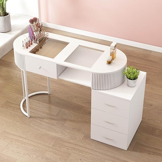 Modern Nail Tech Desk Wooden Manicure Table with Drawers & 3Tier Storage for Salon Spa & Home Stylish Beauty Workstation with White Glass Top (100cm)