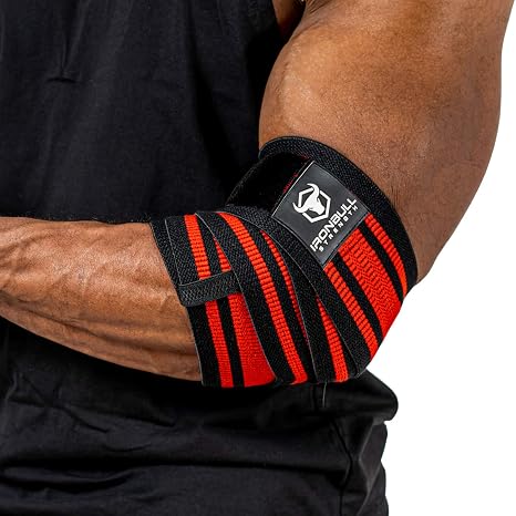 Iron Bull Strength Elbow Wraps for Weightlifting - PRO Line - Workout Elbow Straps for Weight Lifting, Bench Press, Powerlifting, Fitness and Gym - Medium Stiffness for Men (40", Red/Black)