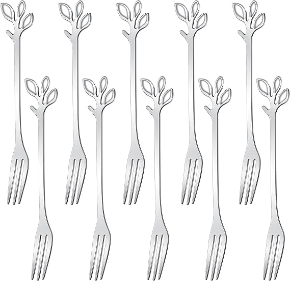 AnSaw 10-Piece Silver Leaf Dessert Forks Set - 4.7" Mini Cocktail Forks