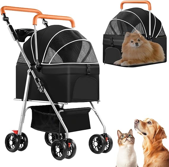 3 in 1 Dog Strollers 4 Wheels Folding Pet Stroller with Detachable Carrier Multifunction Portable Dogs Travel Carriers for Medium Small Puppy Kittens(Deep Black)