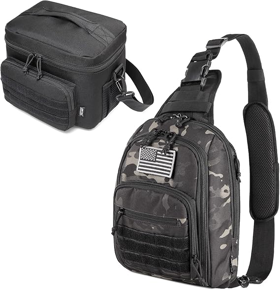 Tactical Concealed Carry Sling Bag (Charcoal Camo) + Tactical Lunch Bag (Black)