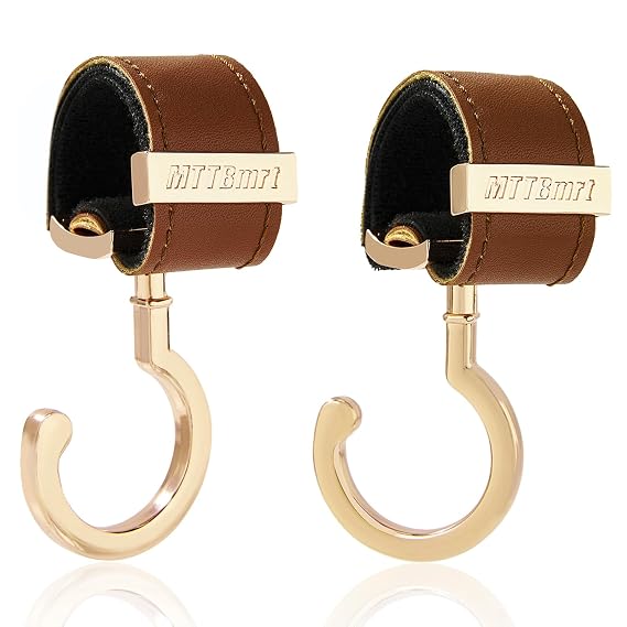 2 Pack Stroller Hooks,Strong Synthetic Leather Hook-and-Loop Fastener&High-Quality Metal Hooks,Universal Bag Clip|360 Rotation, 66lb Capacity,Non-Slip-Fits Wheelchair(Brown-Gold)