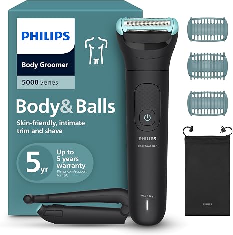 Philips Bodygroom 5000 for Men - with Triple Protection Shaving System Electric Trim and Shaving in the Intimate Area Folding Back Attachment 100% Showerproof 100 Minutes Runtime Model BG5480/15