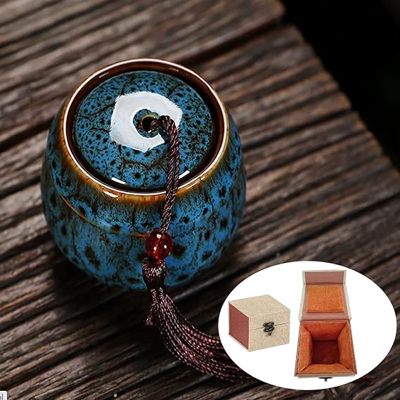 Small Keepsake Urn - Mini Ceramic Urn for Pet Ashes (Blue Ocean)