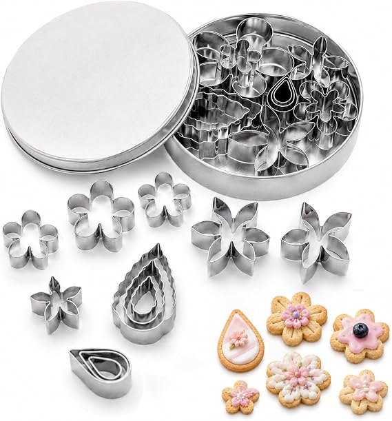 Spring-Themed 12 Pcs Mini Metal Cookie Cutters Set, Includes Leaf, Rose, Petal, Teardrop & Flower Shapes for Baking, Biscuit, Cake Decorating, Sugar Craft DIY, Ideal for Easter and Kids Activities.