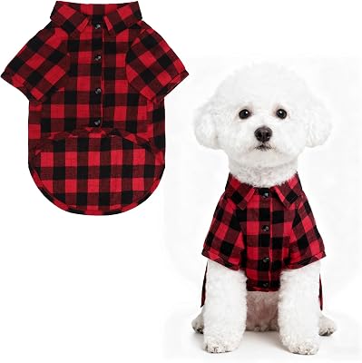 PUPTECK Plaid Dog Shirt, Cute Puppy Cat Polo T-Shirt, Soft Pet Clothes Boy for Small Medium Dogs, Square Red, M