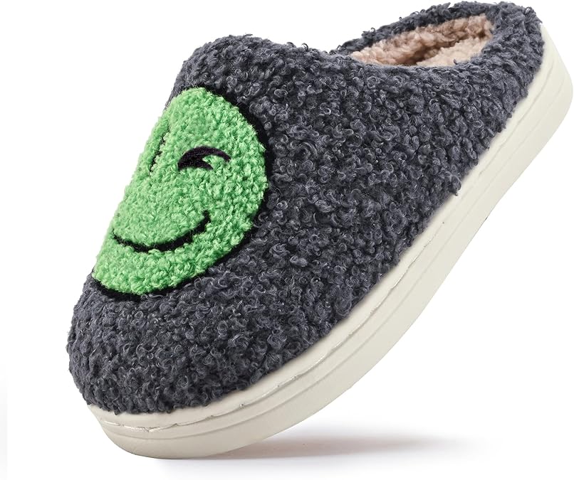 COVS Cute Kids Face Slippers for Girls Boys Soft Plush Happy Face Slippers Non-Slip House Slippers Big Kids Slippers Indoor Outdoor(Grey 34/35)