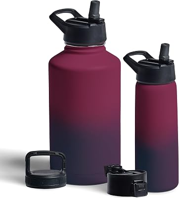 FineDine Insulated Water Bottles with Straw - 25 Oz and 64 Oz Stainless Steel Metal Water Bottles W 3 Lids - Reusable for Travel, Camping, Bike, Sports - Dreamy Purple