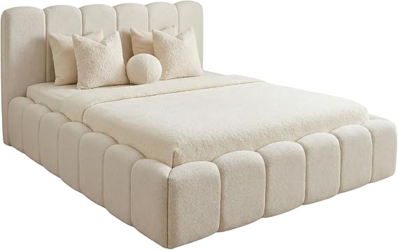 Luxury Cloud Teddy Boucle With Or Without Ottoman Storage Bed Frame 40 in Panel Headboard With Optional Mattress (Cream Boucle, 3ft Single)