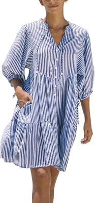 chouyatou Womens Summer V-Neck Casual Striped Midi Shirt Dress Tiered Boho Beach Tunic Babydoll Dress
