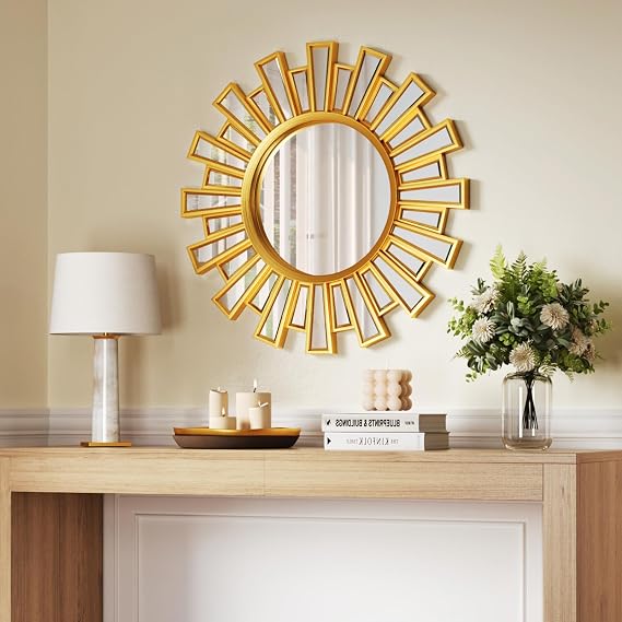Gold Sunburst Mirror, 24" Large Starburst Mirror,Wall Mirrors Decor for Living Room, Bedroom, Fireplace,Hallway,Entryway