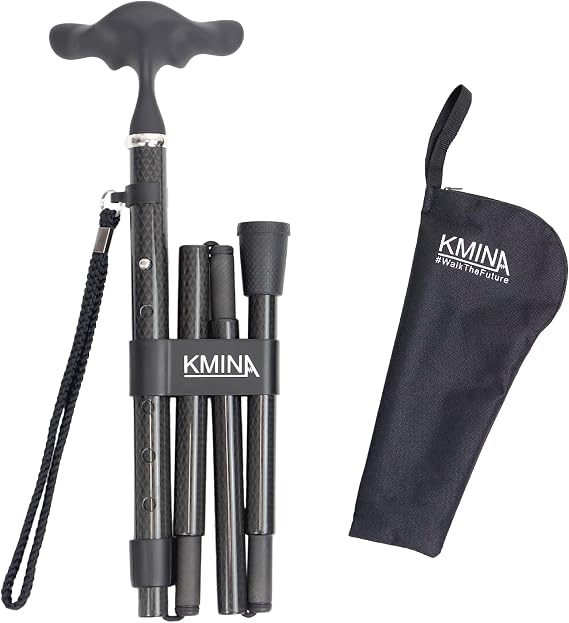 KMINA Folding Cane for Men and Women (Carbon Fiber), Soft Grip, Adjustable Height, Lightweight, Black, PRO Model
