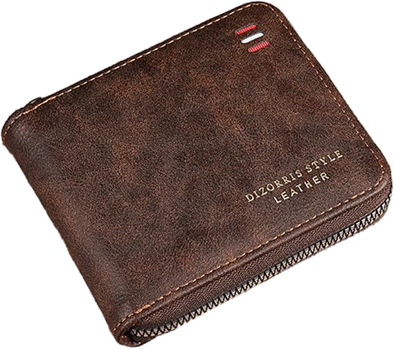 Zipper Short Style Men's Wallets, Card Cases & Money Organisers, Bi-Folded Card Wallet with Gift Box (Coffee Color)