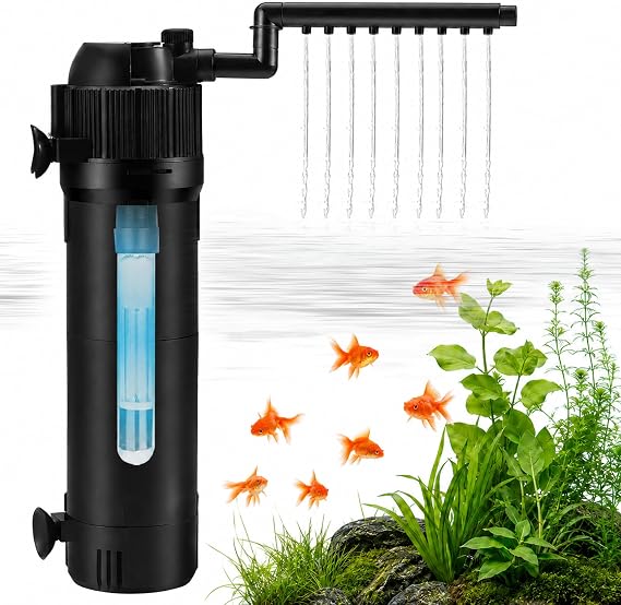 Internal UV Fish Tank Filter, 5-in-1 Aquarium Filter Pump with UV Steriliser, Multi-Mode Water Pump for Freshwater & Saltwater, 500 L/H Aquarium Filter for 80-200L Aquariums, Adjustable Flow Rate