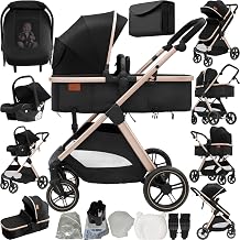 Magic ZC 3 in 1 Pushchair Pram, Baby Stroller 3 in 1 with Reversible Two Pushing Modes, Infant Newborn Buggy One-Click Folding, Toddler Carriage Aluminum Frame (V10 Black Gold)