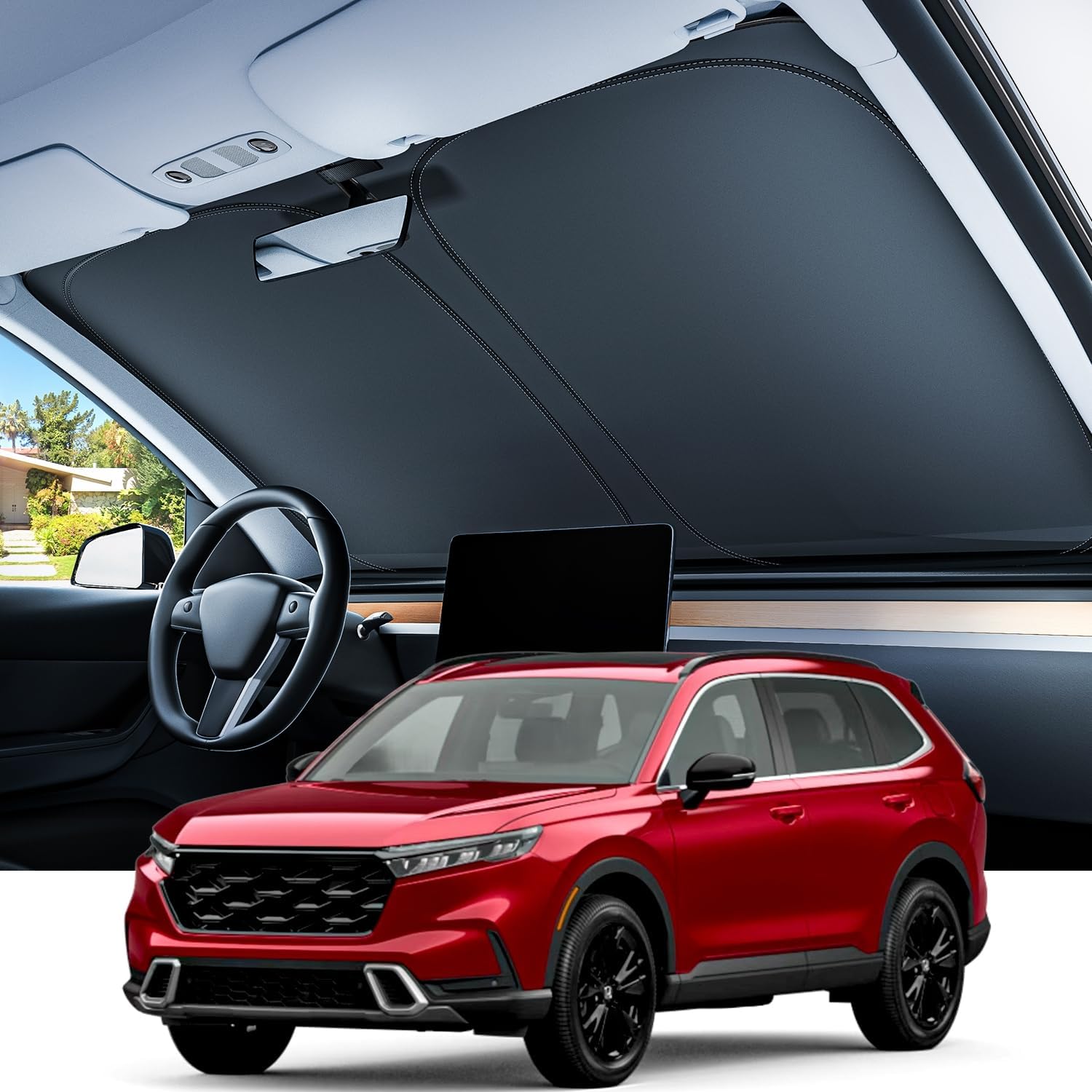REEVAA 2025 Upgraded Windshield Sun Shade for Honda CRV 2025 2024 2023 [Tailored Fit, 99% Sun Protection] Protect Interior & Keep Cool, Foldable Sunshade Accessories with Storage Bag