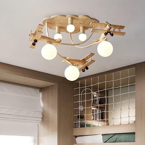Modern Airplane Flush Mount Ceiling Light, Glass Globe Chandelier, Wood Cartoon Boys Bedroom Ceiling Light Fixture