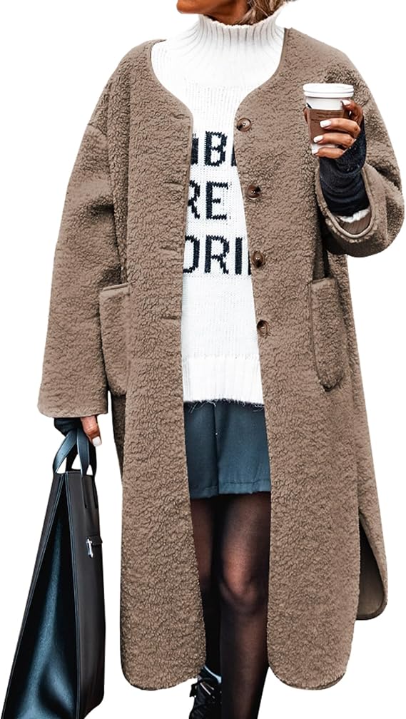 Poetsky Womens Winter Teddy Faux Fur Coats Warm Button Down Fuzzy Fleece Long Jacket Outerwear Outfits