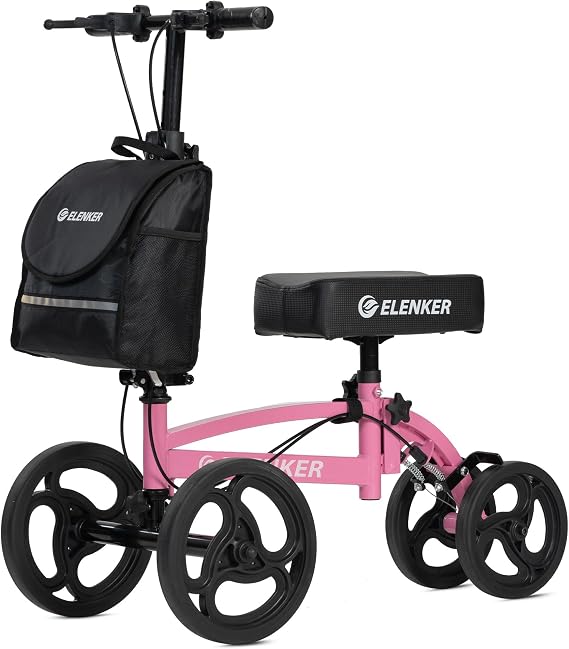 ELENKER Steerable Knee Scooter, Foldable Knee Walker with Basket Dual Braking System, Knee Scooters for or Angle and Injured Foot Broken Pink