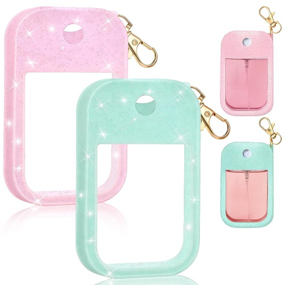 Silicone Case Compatible with Touchland:Hand Sanitizer Spray Fit for Mist 1 fl oz,2PCS Silicone Protective Case Holder with Keychain (Glitter Pink + Glitter Green)