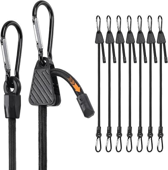 8 PCS Adjustable Carabiner Bungee Cords With Hooks, Bungee Straps Can Adjust from 7" to 48" Easily, Elastic Straps with Clips for Cargo, Camping, Bike, Motorcycle, Truck, Tarp, Luggage, etc