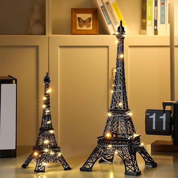 DoubleFill 2 Pcs Metal Eiffel Tower Model 10 & 15 Inch with Lights,Black