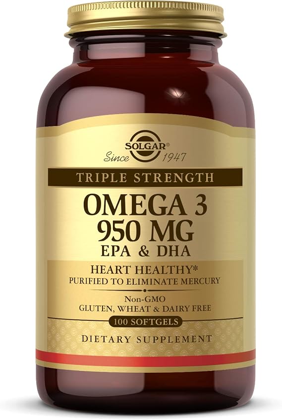 Solgar Triple Strength Omega-3 950 mg, 100 Softgels - Supports Cardiovascular, Joint & Skin Health - Heart Healthy Supplement - Essential Fatty Acids - Non GMO, Gluten Free, Dairy Free - 100 Count