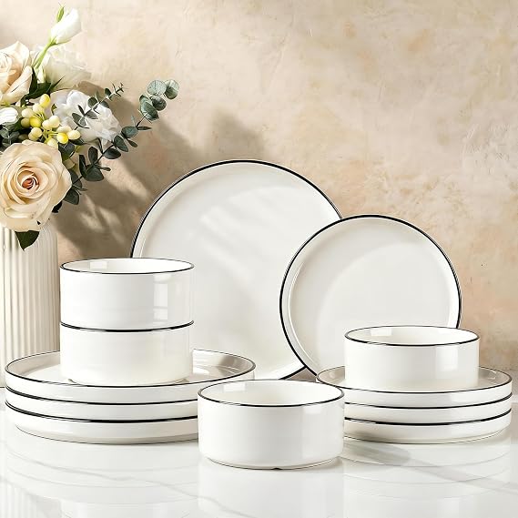 Richmount Dinner Set for 4, 12 Pieces Modern Porcelain Plates and Bowls Set, Dinnerware Sets Chip Resistant, Microwave & Dishwasher Safe, Ceramic Dish Set Service for 4, White with Black Trim