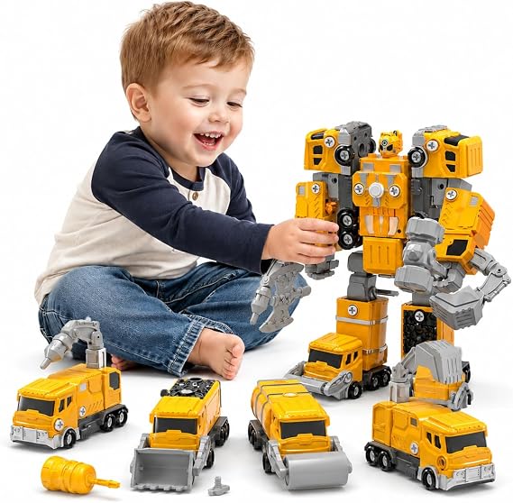 WATUDOU 5-in-1 Take Apart Construction Vehicle Trucks Transform to Robot Toys for Ages 3-5, 3 4 5 6 7 8 Year Old Boy Christmas Birthday Gift Ideas, Robot Toys for Kids 4-8