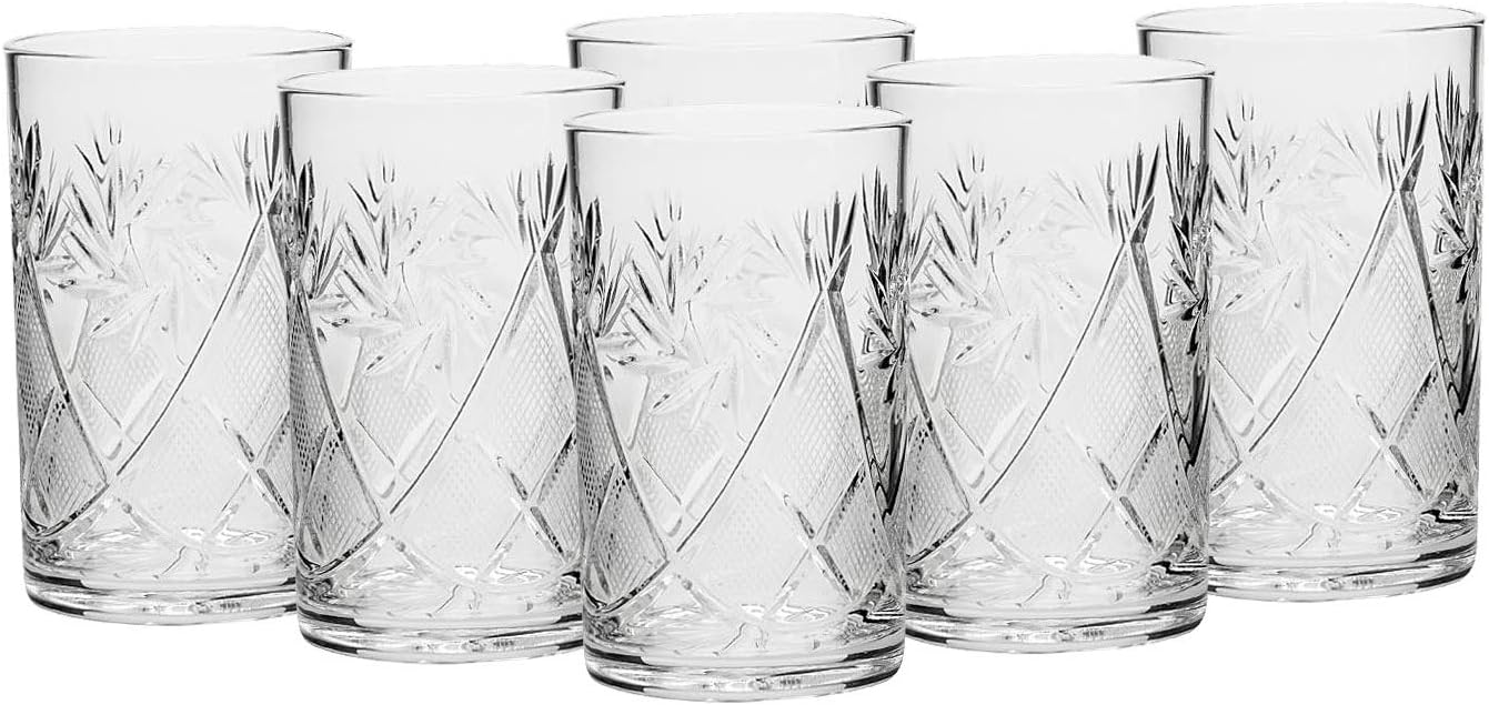 Russian Collection SET of 6 x 8.5 oz. Traditional Cut Crystal Drinking Glasses, fits metal Glass Holder Podstakannik, Tempered for Hot and Cold Liquids, Vintage Design