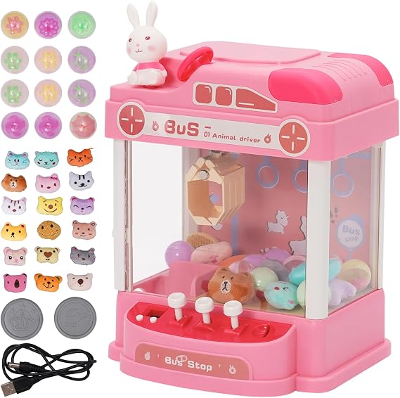 Mini Grab Machine Candy Doll with Steering Wheel Gachapon Grabber Candy Grab Machine with Coin Slide and Grab Arm Automatic Soft Toys Claw Machine Children