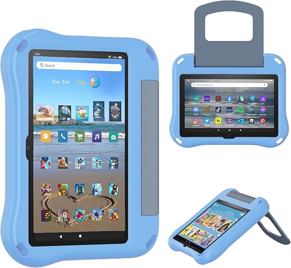 Fire HD 8 Tablet Case for Kids(2024/2022/2020 Release,12th/10th Generation),Light Weight Shock Proof Friendly,Foldable Stand at Any Angle,Portable Handle Kid-Proof Case (Light Blue)