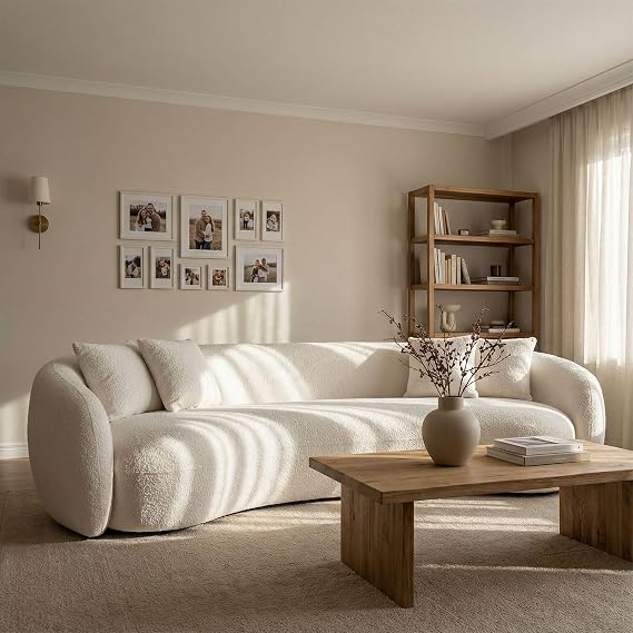 102 Inch White Curved Boucle Sectional Sofa, 5-Seater