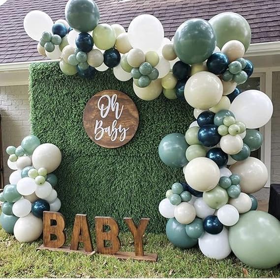 136 PCS Sage Green Ivory White Balloon Garland Arch Kit, Sage Olive Green Ivory White Balloons Decor, Jungle Safari Tropical Baby Shower Birthday Wedding Theme Party Decorations Supplies for Boys