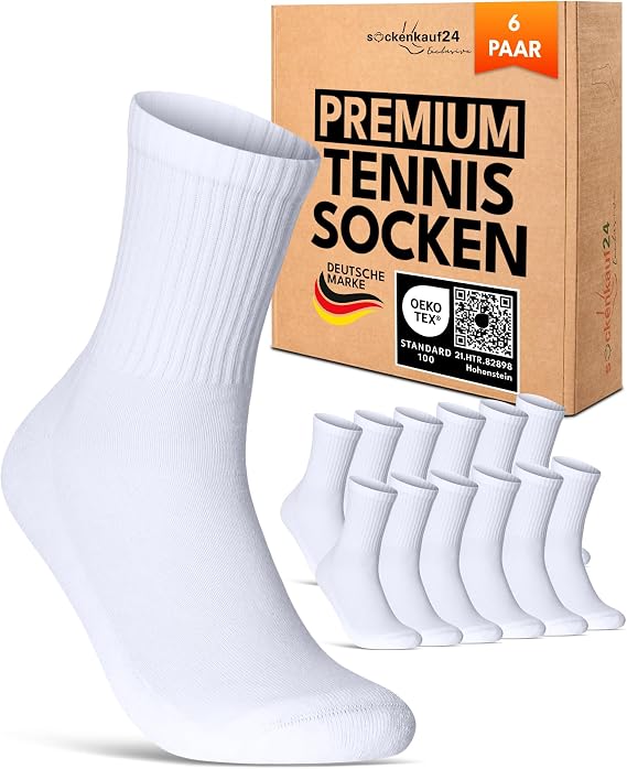 sockenkauf24 Women's Tennis Socks (6 Pairs) Sports Socks with Reinforced Heel & Toe Padded Sole Cotton Breathable Retro Crew Socks
