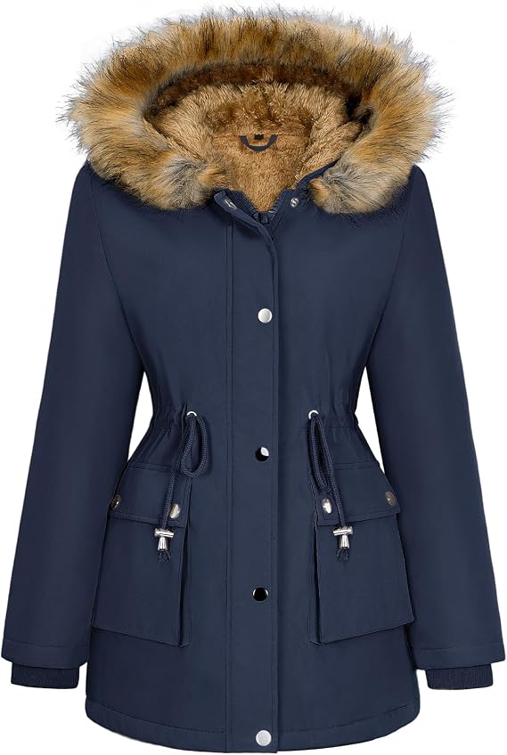 HEEKPEK Women Winter Coats Fleece Lined Parka Jackets with Faux-fur Hood | Full-Zip and Snap Button, Water Repellent, Warm Thicken Coat, Large Pockets, Drawstring Waist, Trendy Outerwear