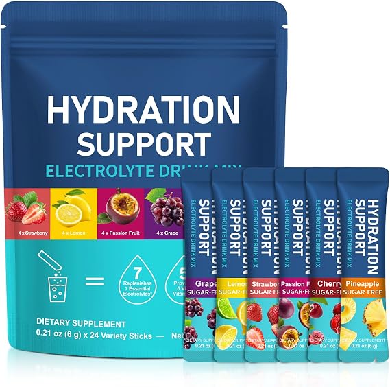 Rapid Rehydration Electrolytes Powder, Vitamin C, B3, B5, B6, B12 Supplement Sachet Drink, Sugar Free, Zero Calorie, Vegan Friendly, 6 Flavors,24 Pack