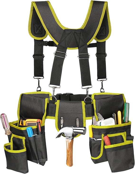 Tool Belt,Professional Tool Belts for Men with Suspenders,18 Pockets Heavy Duty Tool Pouch,Heavy Duty Detachable Adjustable Utility Belt Work Bags for Electrician,Carpenter(Yellow)