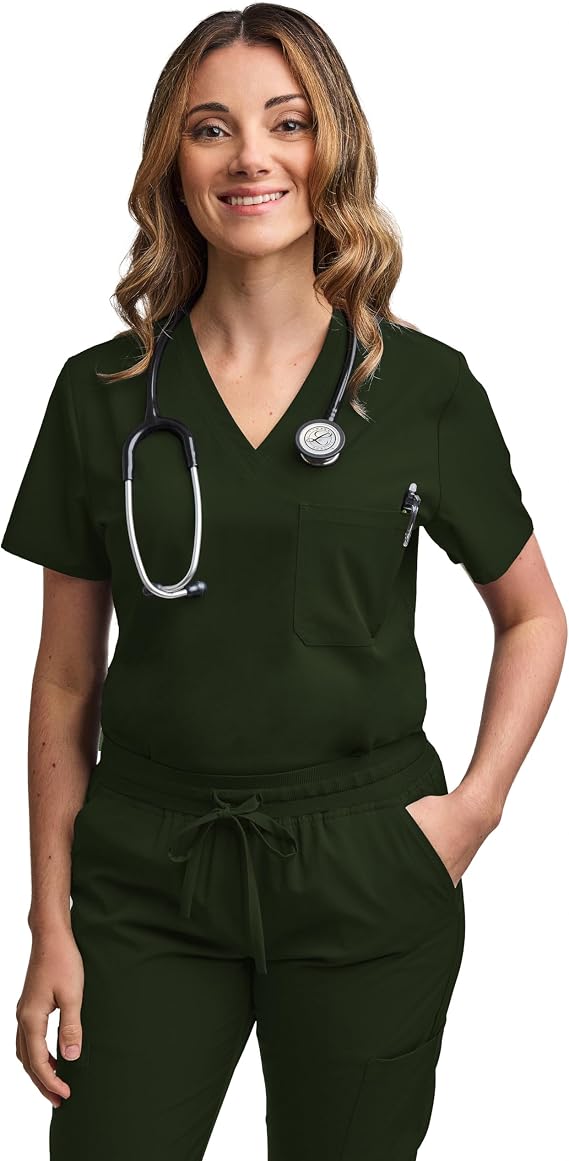 Green Town Scrubs for Women - Tuck-in V-Neck Scrub Top, Stretch Fabric, Lightweight, Easy Care