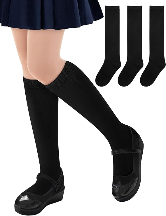 Sarfel 3 Pairs Girls Knee High Socks School Uniform Sock Long Socks for Girls Boys Seamless Dress Sock Cotton 3-18 Years