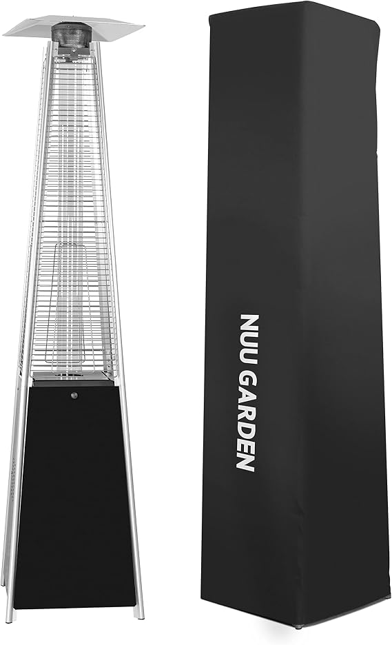 NUU GARDEN Outdoor Propane Patio Heater, 48,000 BTU Pyramid Outdoor Heater with Wheels, Hammered Bronze Tower Portable Heater with Oxford Cover for Garden, Terrace, Black